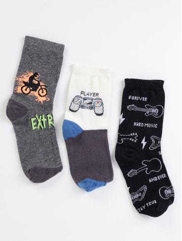 Kit com 03 Meias Selene Infantil Para Menino - PRETO/OFF WHITE/GRAFITE