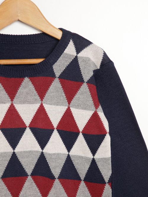 Suéter de Tricot Infantil Para Menino - MARINHO/BEGE/CINZA