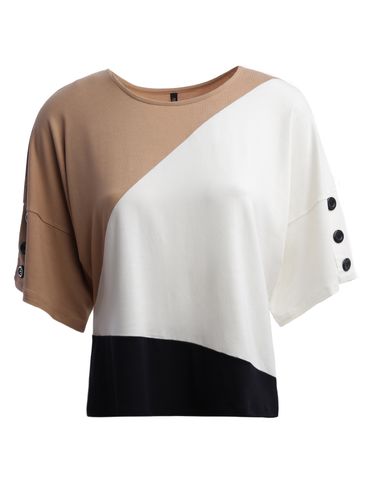 Blusa Tricolor Manga 3/4 Feminina BEGE/OFF WHITE/PRETO