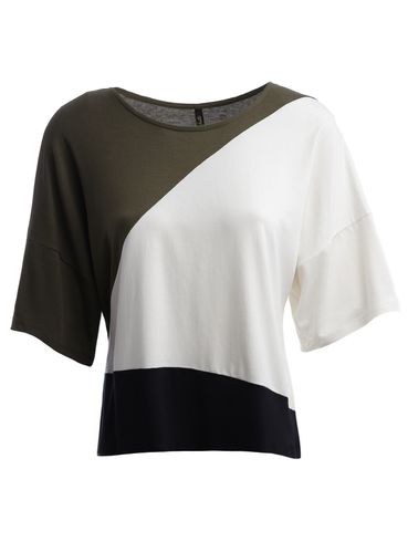 Blusa Tricolor Manga 3/4 Feminina VERDE/OFF WHITE/PRETO