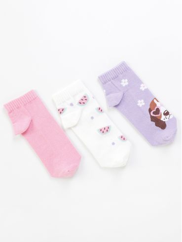 Kit com 03 Meias Juvenil Para Menina - LILAS/ROSA/OFF WHITE