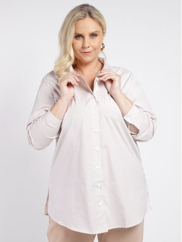 Camisa Listrada Plus Size Feminina BEGE