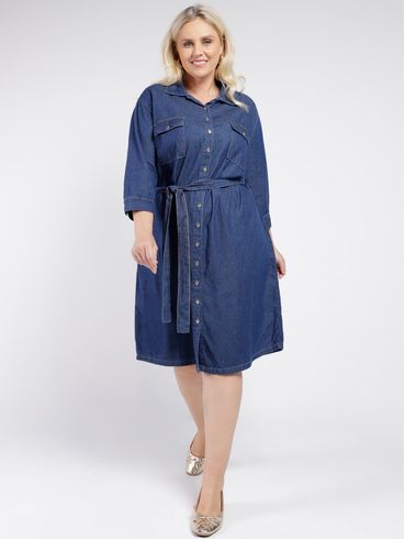 Vestido Jeans Manga 3/4 Plus SIze Feminino AZUL