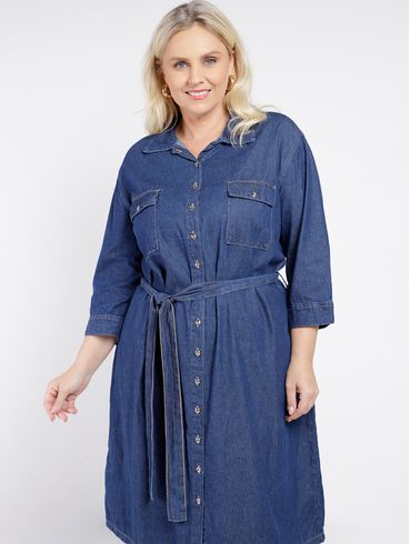 Vestido Jeans Manga 3/4 Plus SIze Feminino AZUL