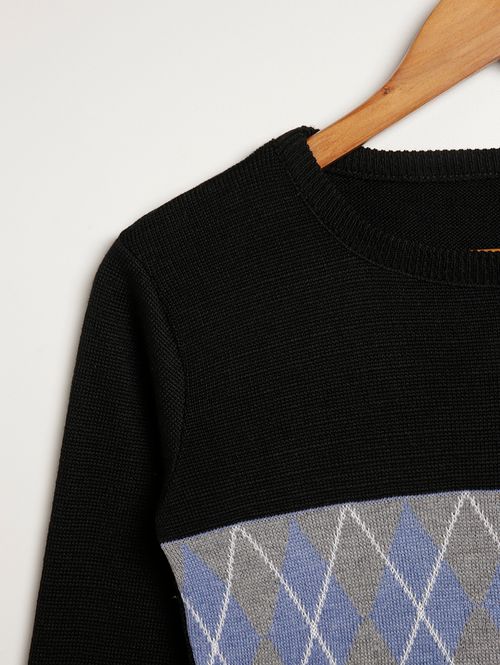 Suéter de Tricot Juvenil Para Menino - PRETO/CINZA