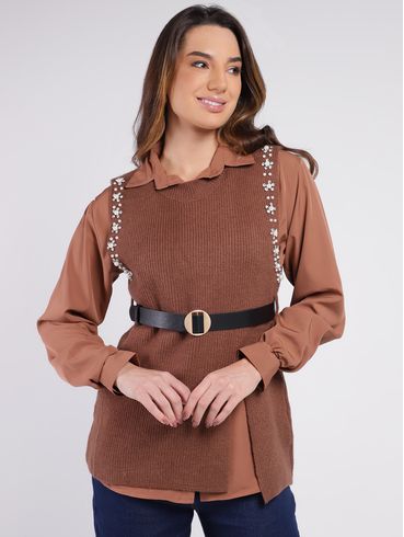 Blusa com Sobreposição Eagle Rock Feminina CAFE