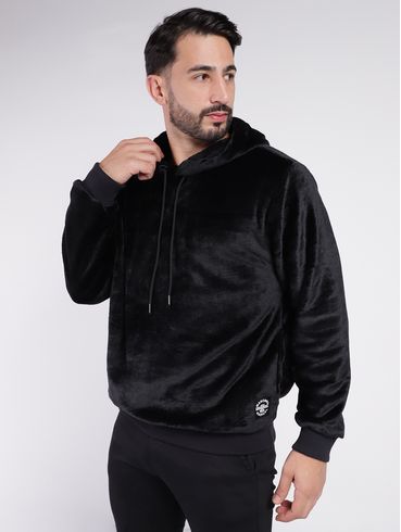 Blusão Fleece com Capuz Masculino PRETO