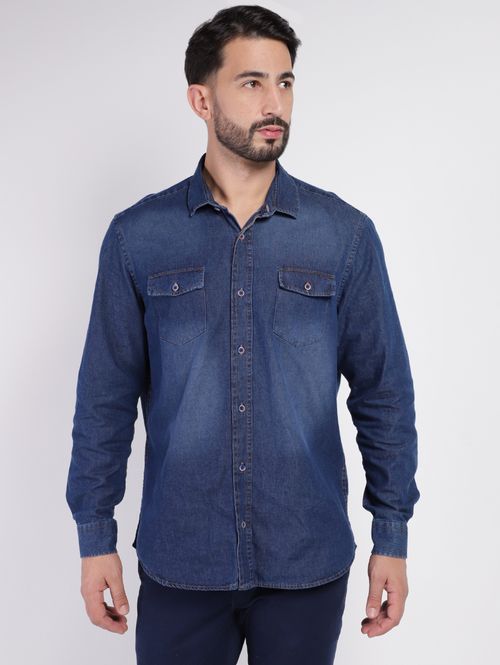 Camisa Jeans Manga Longa Masculina AZUL