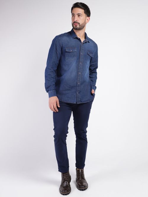 Camisa Jeans Manga Longa Masculina AZUL