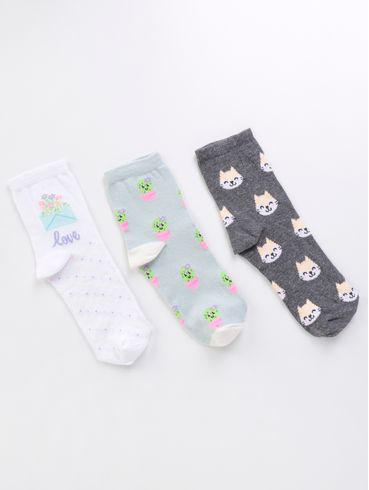Kit com 03 Meias Selene Femininas Branco/Verde/Branco