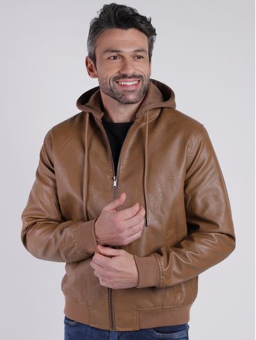 Jaqueta Pu Bomber com Capuz Masculina CARAMELO