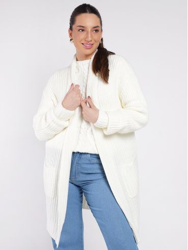 Cardigan de Tricot Alongado Feminino OFF WHITE