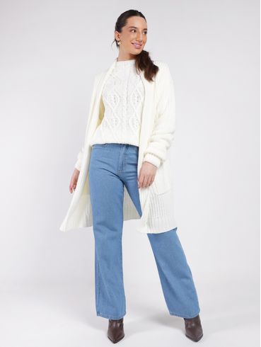 Cardigan de Tricot Alongado Feminino OFF WHITE