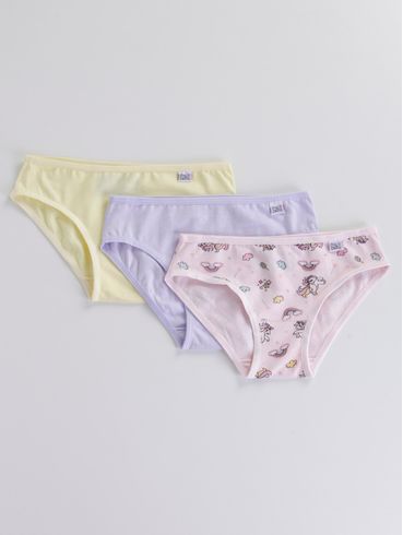 Kit com 03 Calcinhas Juvenil Para Menina - Lilás/Rosa/Amarelo