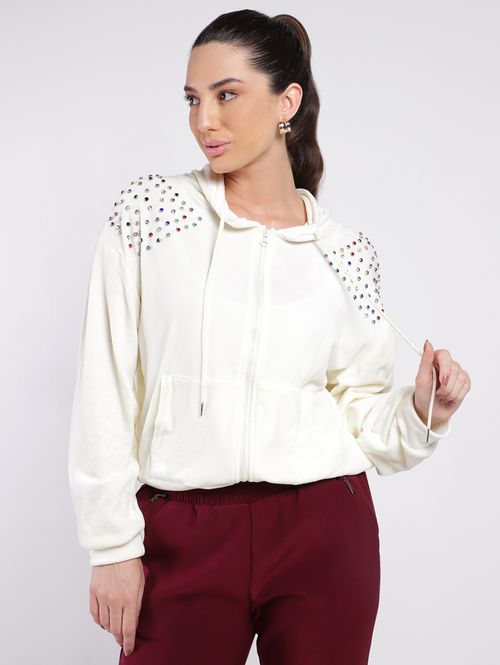 Jaqueta Veludo com Capuz Feminina BRANCO