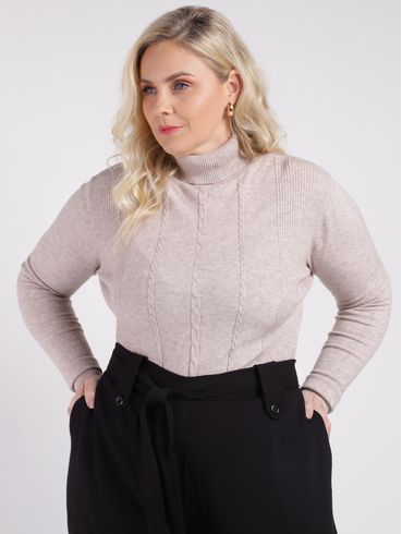 Blusa Tricot Gola Alta Plus Size Feminina BEGE