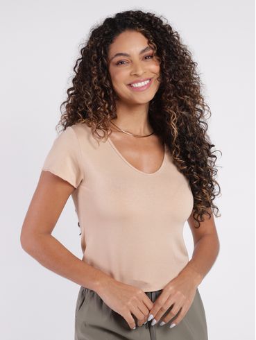 Blusa Cropped Manga Curta Feminina BEGE