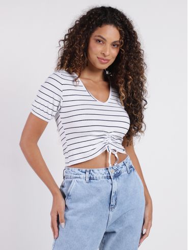 Blusa Cropped Canelada Feminina BRANCO/PRETO