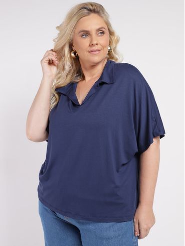 Blusa Creponada Manga Ampla Plus Size Feminina MARINHO