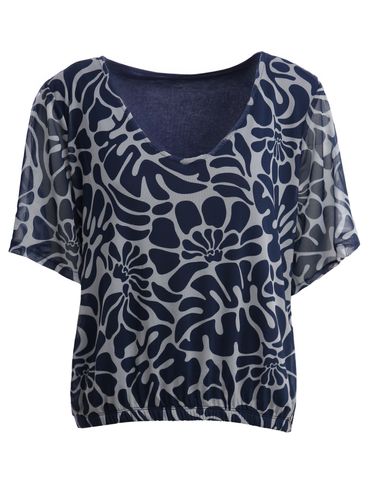 Blusa Tule Manga Curta Feminina MARINHO