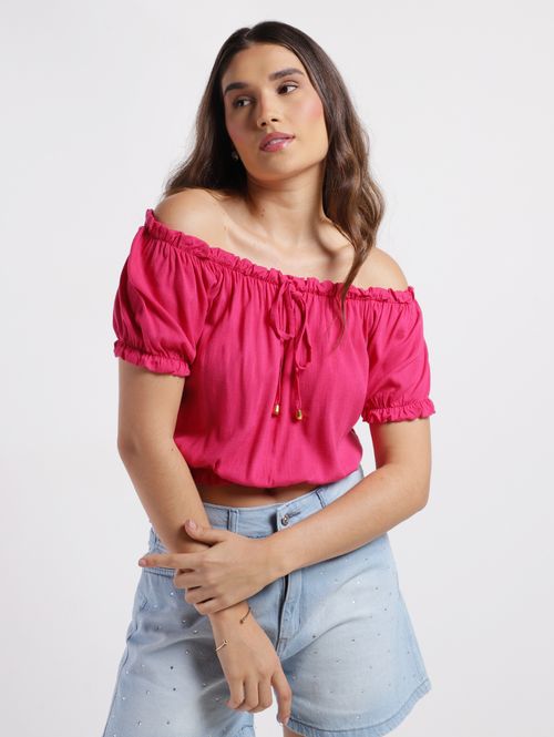 Blusa Cropped Manga Curta Feminina Rosa Pink
