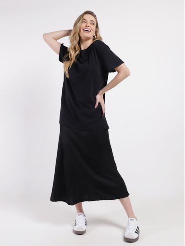 Saia Midi Godê Acetinada Feminina PRETO