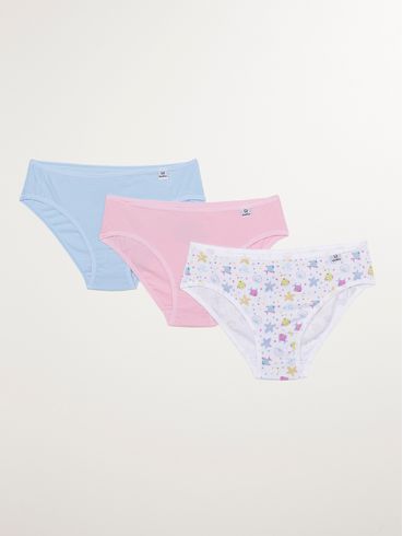 Kit com 03 Calcinhas Juvenil Para Menina - Branco/Azul/Rosa
