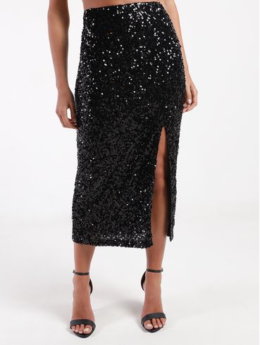 Saia Paetê Midi Com Fenda Eagle Rock Feminina PRETO