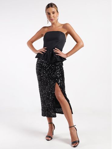 Saia Paetê Midi Com Fenda Eagle Rock Feminina PRETO