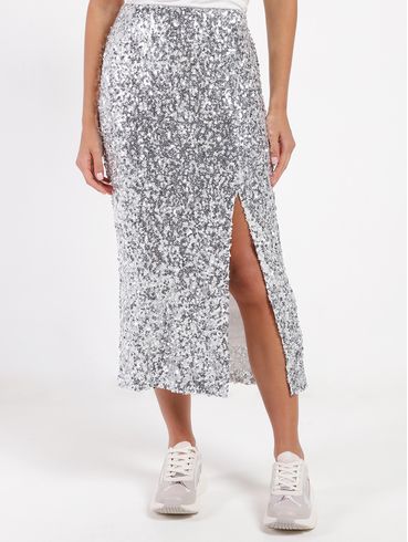 Saia Paetê Midi Com Fenda Eagle Rock Feminina PRATA