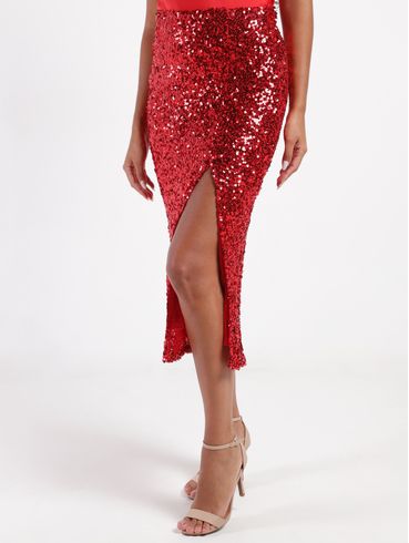 Saia Paetê Midi Com Fenda Eagle Rock Feminina VERMELHO