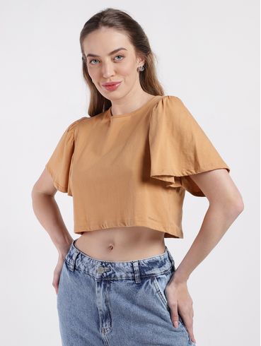 Blusa Cropped Manga Curta Feminina BEGE