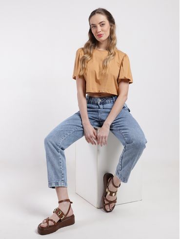 Blusa Cropped Manga Curta Feminina BEGE