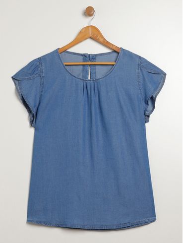Blusa Jeans Manga Curta Plus Size Feminina AZUL