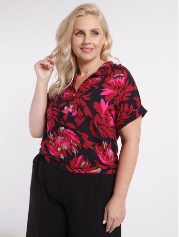 Camisa Manga Curta  Autentique Plus Size Feminina PRETO/ROSA