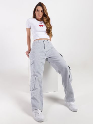 Calça Sarja Reta Cargo Sawary Feminina AZUL
