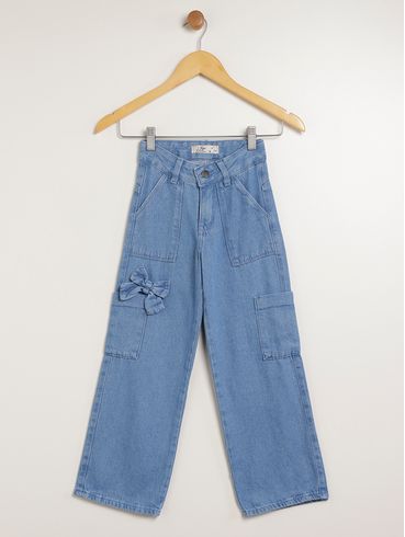 Calça Jeans Wide Leg Cargo Infantil Para Menina - AZUL