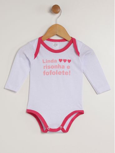 Body Manga Longa Infantil Para Bebê- BRANCO/ROSA