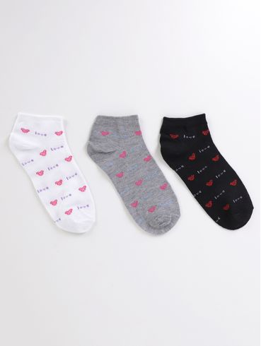 Kit Com 03 Meias Estampada Feminina MESCLA/BRANCO/PRETO