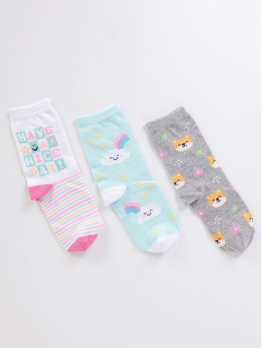 Kit com 03 Meias Selene Juvenil para Menina - VERDE/BRANCO/MESCLA
