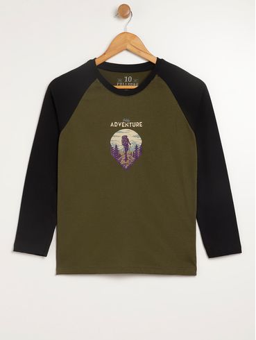 Camiseta Manga Longa Juvenil Para Menina - VERDE/PRETO