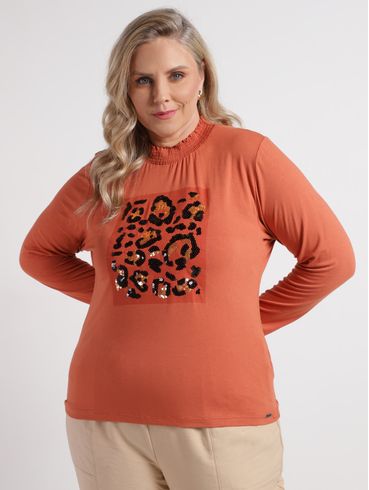 Blusa Paetê Animal Print Plus Size Feminina CARAMELO
