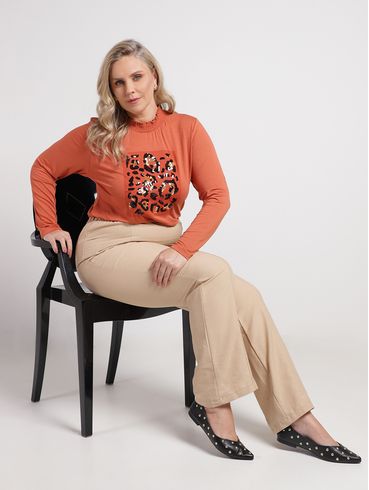 Blusa Paetê Animal Print Plus Size Feminina CARAMELO