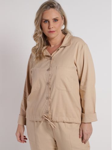 Camisa Viscolinho Manga Longa Plus Size Feminina BEGE