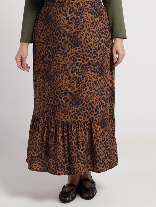 Saia Midi Animal Print Plus Size Feminina MARROM