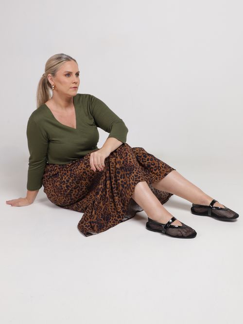 Saia Midi Animal Print Plus Size Feminina MARROM