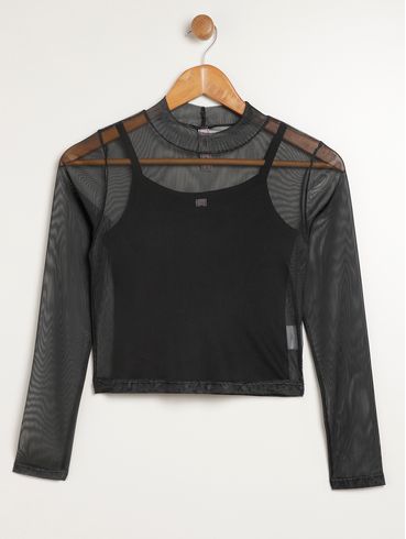 Blusa Manga Longa Juvenil Para Menina - PRETO