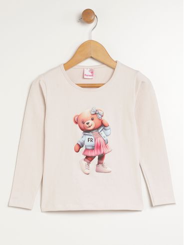 Blusa Manga Longa Ursinho Infantil Para Menina - BEGE