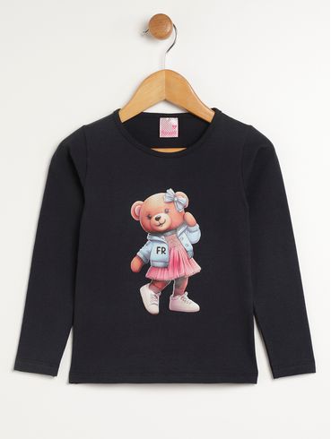 Blusa Manga Longa Ursinho Infantil Para Menina - PRETO