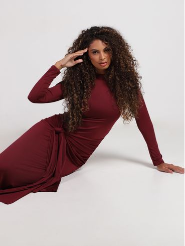 Vestido Longo Drapeado Feminino BORDO